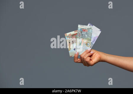 Bella mani femminili tenere dinari kuwaitiani su sfondo grigio. Spazio di copia e sfondo grigio. Foto Stock