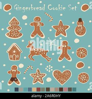 Big Gingerbread Cookie collezione con la corrispondenza dei colori per temi d'inverno. Panificio creativi. Illustrazione Vettoriale Illustrazione Vettoriale