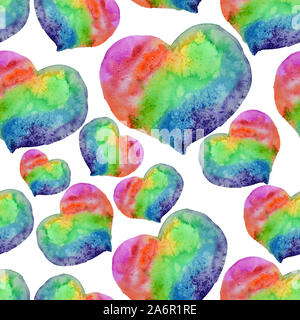 Acquerello multicolore cuori seamless pattern in rainbow Foto Stock