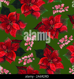 Poinsettia seamless pattern su sfondo verde come decorazione di Natale Foto Stock