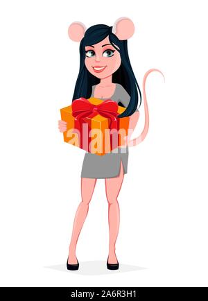 Bella giovane donna in costume di carnevale del mouse tenendo confezione regalo. Illustrazione Vettoriale su sfondo bianco. Illustrazione Vettoriale