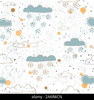 Inverno Seamless Pattern con disegnati a mano carino nuvole e cadere i fiocchi di neve. Illustrazione Vettoriale Illustrazione Vettoriale