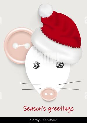Saluto fatti a mano scheda vettore / banner di un mouse / ratto con realismo i pulsanti di cucitura e santa del cappello e tanti auguri scritte. Cinese di nuovo sì Illustrazione Vettoriale