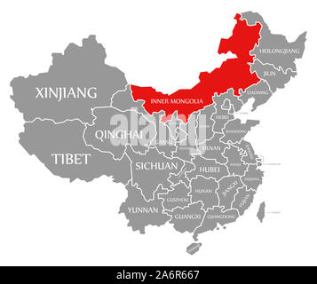 Mongolia Interna evidenziata in rosso nella mappa della Cina Foto Stock