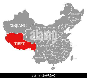 Tibet evidenziata in rosso nella mappa della Cina Foto Stock