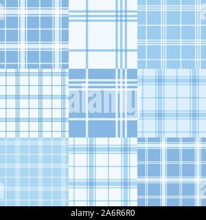 Set di vettore di nove blu e bianco di tartan pattern senza giunture. Illustrazione Vettoriale