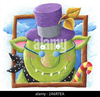 Acrilico di illustrazione il simpatico orco con cappello viola e candy stick Foto Stock