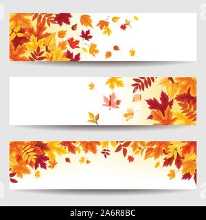 Set di tre banner di vettore con rosso, arancio, marrone, viola e giallo Foglie di autunno. Illustrazione Vettoriale