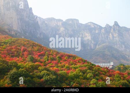 (191028) -- ZHENGZHOU, 28 ottobre 2019 (Xinhua) -- foto scattata su 28 Ottobre, 2019 mostra il paesaggio in montagna Yuntai punto panoramico nella contea di Xiuwu, centrale cinese della Provincia di Henan. (Xinhua/Feng Dapeng) Foto Stock