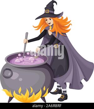 I capelli rossi bella strega in abito nero, mantello e cappello appuntito facendo viola pozione magica in una vecchia grande calderone. Illustrazione Vettoriale o isolato Illustrazione Vettoriale