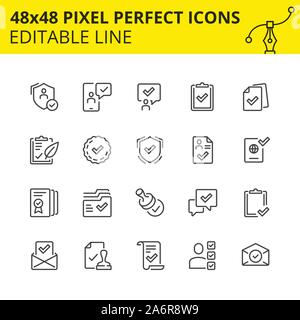 Semplice set di icone per il processo di approvazione in business e marcatura varie fasi cardine come passate. 48x48 Pixel icona perfetta, linea modificabile. Vettore. Illustrazione Vettoriale