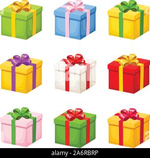 Set di vettore di colorati confezioni regalo con nastri e graffette isolate su uno sfondo bianco. Illustrazione Vettoriale