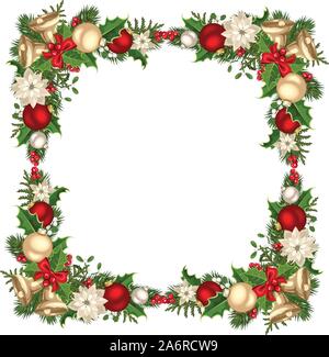 Vettore di telaio di Natale con rami di abete, sfere, campane, agrifoglio e fiori poinsettia. Illustrazione Vettoriale