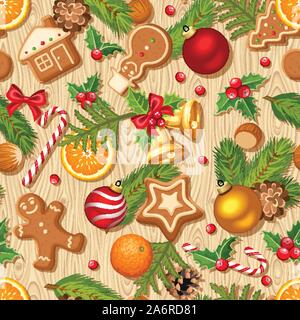 Vettore di Natale sfondo senza giunture con rami di abete, palline, campane gingerbread cookies, candy canes, agrifoglio, coni e arance su una tavola di legno backgroun Illustrazione Vettoriale