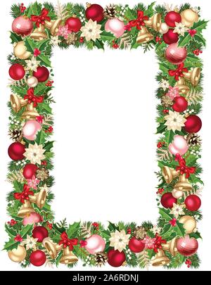 Vettore di Natale con cornice verde, rosso, rosa e argento Abete rami, sfere, campane, agrifoglio, poinsettia fiori e pigne nelle quali. Illustrazione Vettoriale