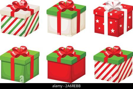 Set di vettore di rosso e verde di Natale confezioni regalo con nastri e graffette isolate su uno sfondo bianco. Illustrazione Vettoriale