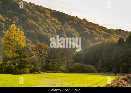 I colori autunnali nella valle del Wye a ponte Bigsweir. Wye Valley, Monmouthshire, Galles. Foto Stock