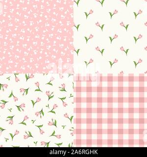 Set di vettore di seamless motivi floreali in rosa e bianco colori. Illustrazione Vettoriale