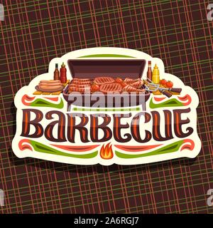 Il logo del vettore per il Barbecue, white label vintage con arrosti di wurstel, pomodori freschi, succosa bistecca di manzo e le cosce di pollo, carattere tipografico originale per parola Illustrazione Vettoriale