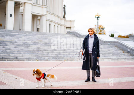 Una femmina di passeggiate nel parco con un Cavalier King Charles Spaniel. Una donna che cammina in autunno park con un cane. Cavalier King Charles Spaniel Foto Stock