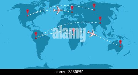 Piano linea tratteggiata Direzione del path illustrazione vettoriale mappa di viaggio. Compagnia di volo itinerario viaggio via percorso di navigazione. Grafico della curva di spostamento Illustrazione Vettoriale