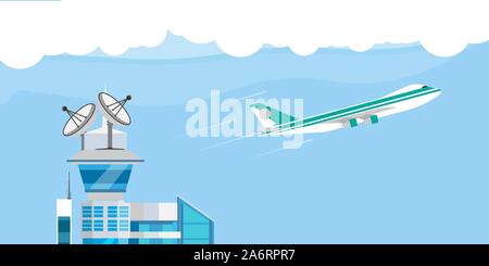 Per il controllo del volo aereo centro illustrazione vettoriale appartamento stazione di lancio. Cartoon torre di rilevamento satellitare viaggio aereo a decollo sistema sky Illustrazione Vettoriale