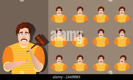 Personaggio dei cartoni animati di vettore di espressione insieme emozione faccia. Illustrazione uomo avatar diversi facial collection. Imprenditore felice design, arrabbiato, allegro, Illustrazione Vettoriale