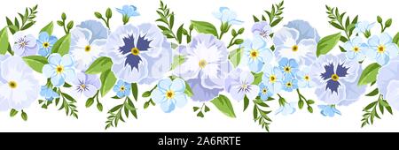 Vettore senza giunture orizzontali confine con blue pansy e dimenticare-me-non fiori e foglie verdi. Illustrazione Vettoriale