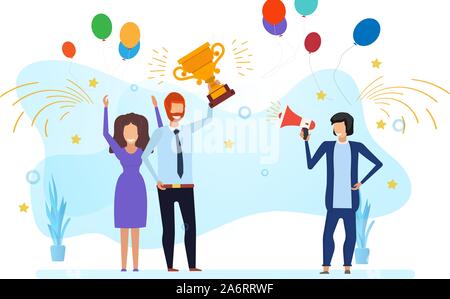 Il successo del team aziendale ricompensa vettore illustrazione win. Premio per dipendenti persone piatto vittoria design. Felice premio Trofeo persona leader. Champion Cup missio Illustrazione Vettoriale
