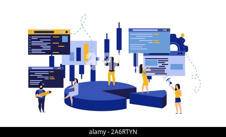I dati di bilancio persone vettore analisi di business persona concetto illustrazione. Il conto finanziario dato statistico grafico grafico di Gestione report. Consulenza web aud Illustrazione Vettoriale