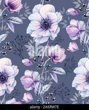 Acquerello di anemoni seamless pattern. Dipinto a mano superficie floreale design con mazzi di fiori e di perle nere. Fiori di magenta su sfondo grigio scuro per Foto Stock