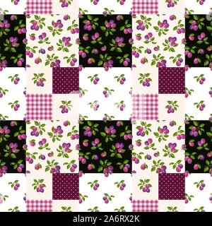 Vector seamless modello patchwork con prugne, gingham e polka dot motivi. Illustrazione Vettoriale