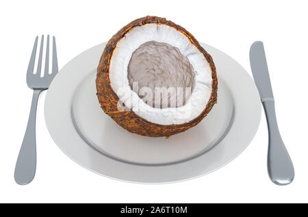 Frutta noce di cocco sulla piastra con coltello e forchetta, rendering 3D isolati su sfondo bianco Foto Stock