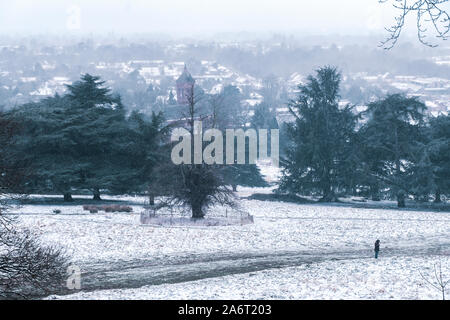 Vista dal Re Enrico il Tumulo in Richmond Park su un inverno nevoso giorno. Il tumulo era tradizionalmente lo spot pensato per essere dove il re Enrico VIII si fermò a Foto Stock