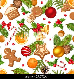Vettore di Natale sfondo senza giunture con rami di abete, palline, campane gingerbread cookies, candy canes, agrifoglio, coni e arance su sfondo bianco Illustrazione Vettoriale
