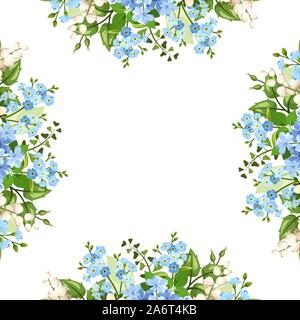 Sfondo vettoriale con telaio blu e bianco "non ti scordar di me", il giglio della valle e plumbago fiori. Illustrazione Vettoriale