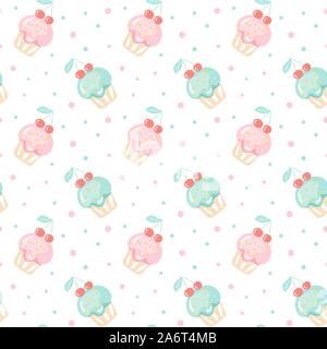 Seamless pattern con un insieme di vettori doodle carino tortini, disegnati a mano muffin con punti. Colore pieno Illustrazione Vettoriale
