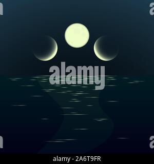 Notte fantasy sorgere della luna seascape. Gradiente paesaggio surreale con tre lune Illustrazione Vettoriale