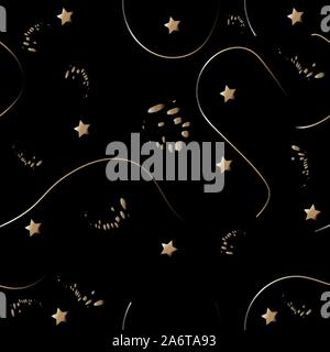 Modello senza cuciture con puntini dorati, gli spruzzi di vernice, curve, cerchi, spazzola di inchiostro, ecc. Disegnata a mano Design. Ottimo per wall art design, carta regalo, confezionamento Illustrazione Vettoriale