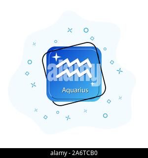 Pulsante blu con il simbolo dello zodiaco Aquarius, design piatto Illustrazione Vettoriale