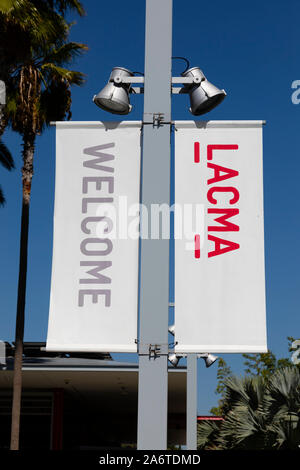 Banner di benvenuto al Los Angeles County Museum of Art, LACMA. 5905 Wilshire Boulevard, Los Angeles, California, Stati Uniti d'America Foto Stock