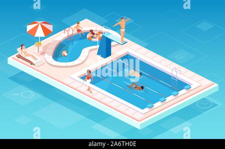Vettore isometrica di una piscina con nuoto in concorrenza, persone relax presso la piscina più piccola, essendo ancora di salvezza in guardia Illustrazione Vettoriale