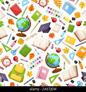 Vector seamless pattern con varie forniture scolastiche su uno sfondo bianco. Illustrazione Vettoriale