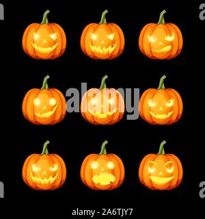 Set di vettore di nove jack-o'-lanterne (zucche di Halloween) isolate su uno sfondo nero. Illustrazione Vettoriale