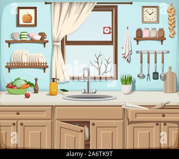 Illustrazione vettoriale di una cucina interno con un lavandino, una finestra e stoviglie. Illustrazione Vettoriale