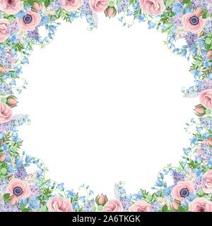 Vettore telaio dello sfondo con il colore rosa, blu e fiori viola. Illustrazione Vettoriale