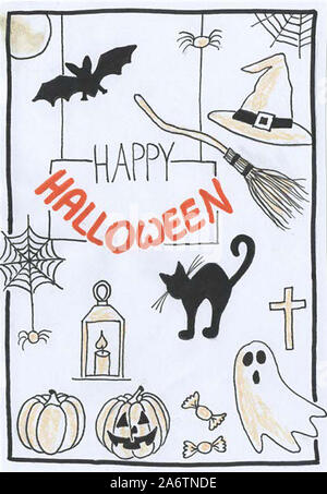 Auto-verniciato scheda halloween con sketchnotes e handlettering Foto Stock