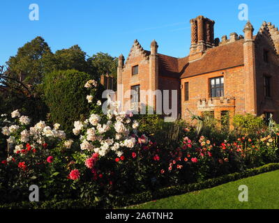 Chenies Manor House e il giardino a fine estate su una bella serata. Crema pastello roses, vibrante rosa varietà dahlia, cielo blu e alberi di alto fusto frame it. Foto Stock
