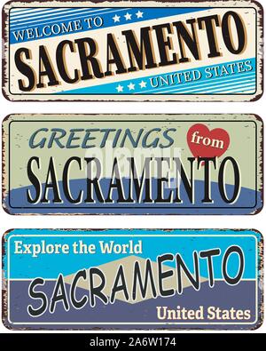 Sacramento Vintage segno tin collezione con usa il nome della città. Retrò segno di souvenir o cartolina di modelli sul vecchio sfondo di metallo. Tema di viaggio. Illustrazione Vettoriale