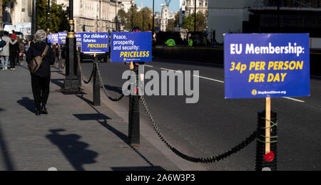 Londra, Regno Unito. 28 ott 2019. Foto scattata su 28 Ottobre, 2019 mostra anti-Brexit cartelloni al di fuori della sede del parlamento di Londra, Gran Bretagna. La British House of Commons il lunedì ha votato contro la mozione del governo chiamando per un inizio di elezioni generali del 12 dicembre. Credito: Han Yan/Xinhua/Alamy Live News Foto Stock